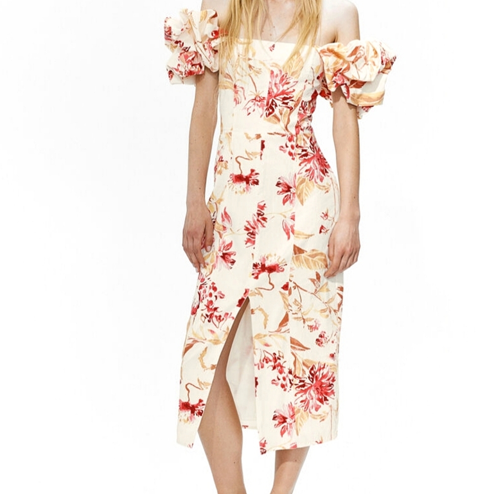 H&M NWT Women's Floral Linen Blend Off-the-Shoulder Dress Sz XL